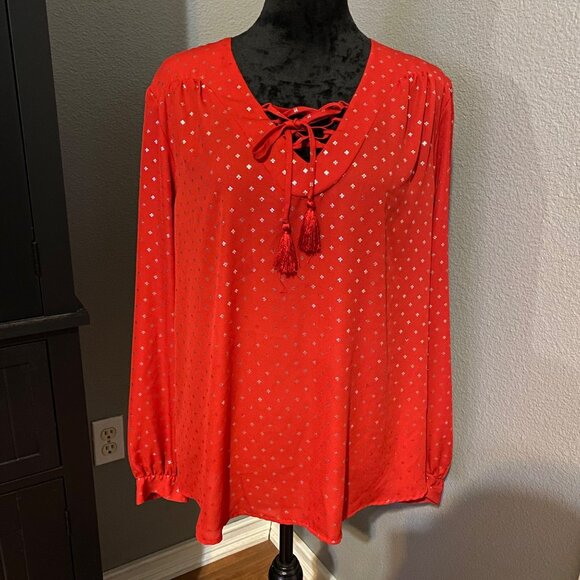 Faded Glory Tops - Faded Glory Blouse Womens XL 16-18 Red Peasant Silver Accents Tassels Boho